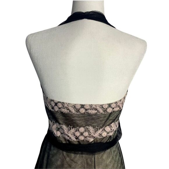 Vintage 90s Laundry Tulle Halter Dress 12 Black Embroidered Lined Tie Waist Zip - Picture 5 of 7
